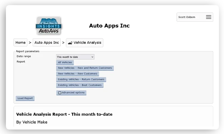 RSS Auto Apps Vehicle Analysis dashboard